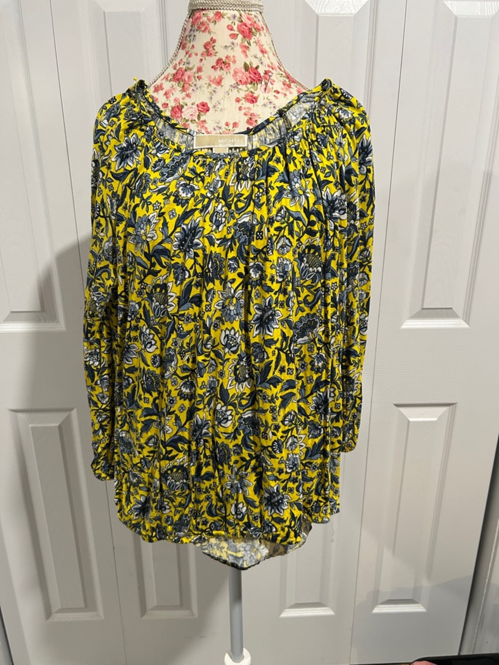 Michael Kors Yellow Floral Tunic Top with Navy Print